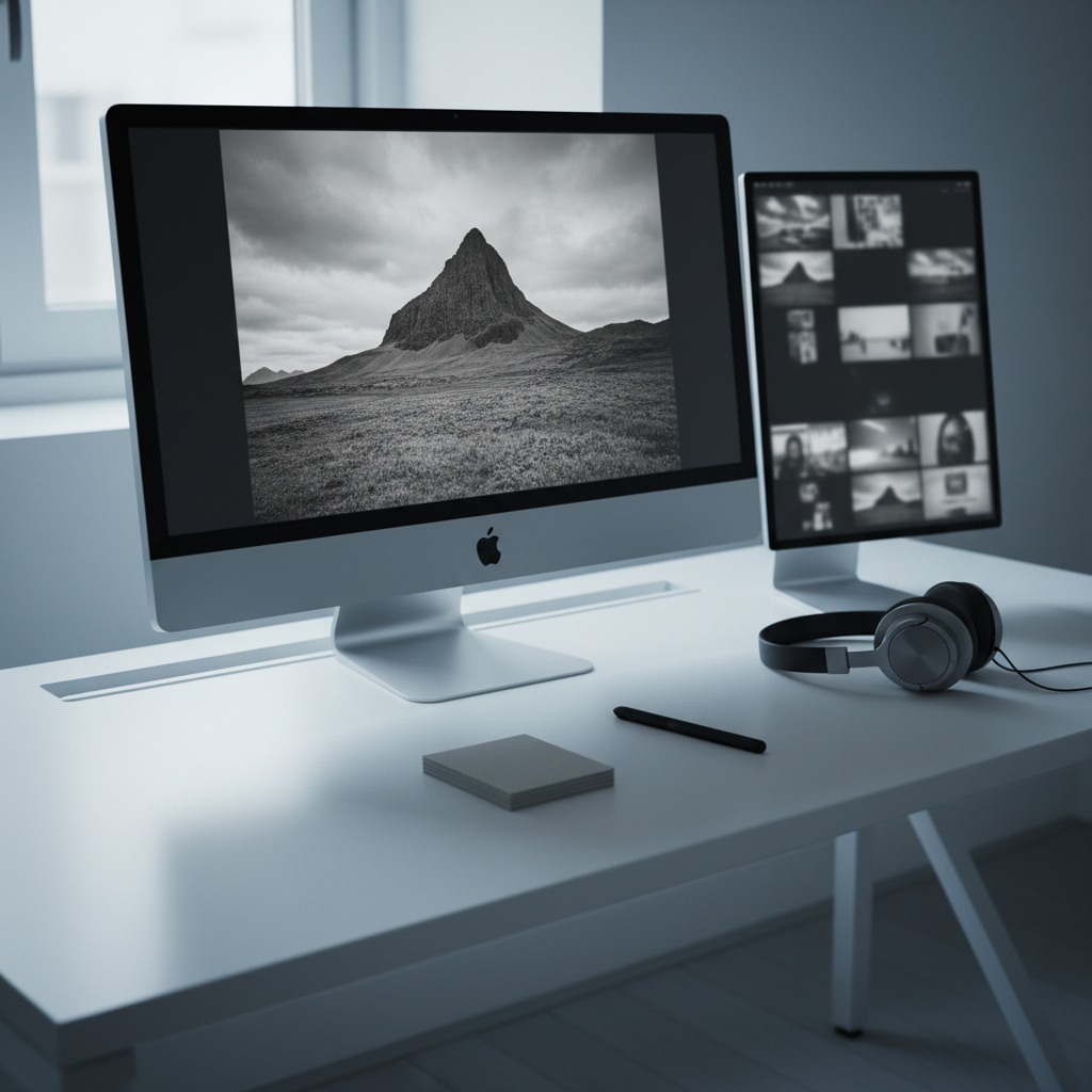 A meticulously arranged competition judge’s workspace without any human presence: a large calibrated monitor displaying a single finalist photograph at full screen, surrounded by a halo of dimmed thumbnails on a secondary side monitor. The desk is matte white with a subtle texture, holding only a high-end stylus, a small stack of neutral gray notecards, and a pair of sleek, unused headphones. A cool, controlled side light from an invisible window to the left creates soft gradients and delicate reflections on the screens. Captured at a three-quarter angle with sharp focus throughout. The atmosphere is contemplative and elite, suggesting careful evaluation of world-class still photography for a premium web-based competition.