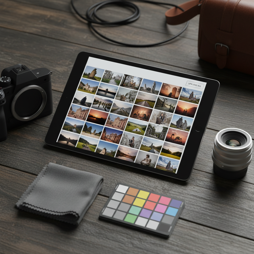 A close-up, bird’s-eye view of a photographer’s matte black tablet on a textured dark wooden table, the screen showing a neatly organized grid of 20 high-resolution photo thumbnails ready for bulk upload. Surrounding the tablet are premium photography accessories: a mirrorless camera body, a precision prime lens, a microfiber cloth, and a color calibration card, all carefully placed. Soft studio lighting from above creates controlled reflections and crisp edges, while the background falls gently out of focus. The composition uses rule of thirds, with the tablet slightly offset, creating a dynamic, professional atmosphere that conveys efficiency, quality, and competitive preparation in a photographic, modern style.