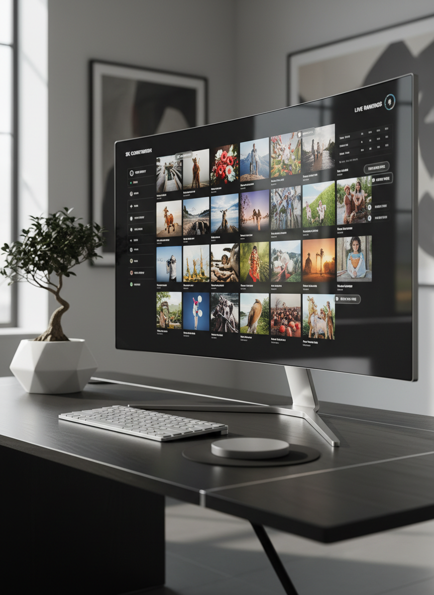 A sleek, ultra-modern desktop workstation dedicated to a photography competition dashboard, with a large, razor-thin 5K monitor displaying an elegant grid of vivid still photos in various aspect ratios. The monitor stands on a matte black desk with subtle reflections, next to a minimal wireless keyboard and a single sculptural plant. Soft, diffused daylight from an unseen window envelops the scene, creating gentle highlights on the metal and glass surfaces. Shot at eye level with a shallow depth of field, background fading into a sophisticated blur. The atmosphere feels premium, focused, and competitive, emphasizing professional-grade photography and a polished SaaS interface in photographic realism.