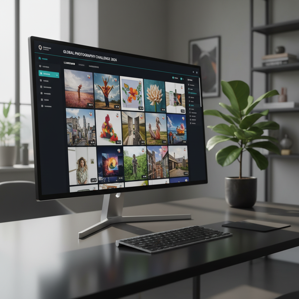 A sleek, ultra-modern desktop workstation dedicated to a photography competition dashboard, with a large, razor-thin 5K monitor displaying an elegant grid of vivid still photos in various aspect ratios. The monitor stands on a matte black desk with subtle reflections, next to a minimal wireless keyboard and a single sculptural plant. Soft, diffused daylight from an unseen window envelops the scene, creating gentle highlights on the metal and glass surfaces. Shot at eye level with a shallow depth of field, background fading into a sophisticated blur. The atmosphere feels premium, focused, and competitive, emphasizing professional-grade photography and a polished SaaS interface in photographic realism.