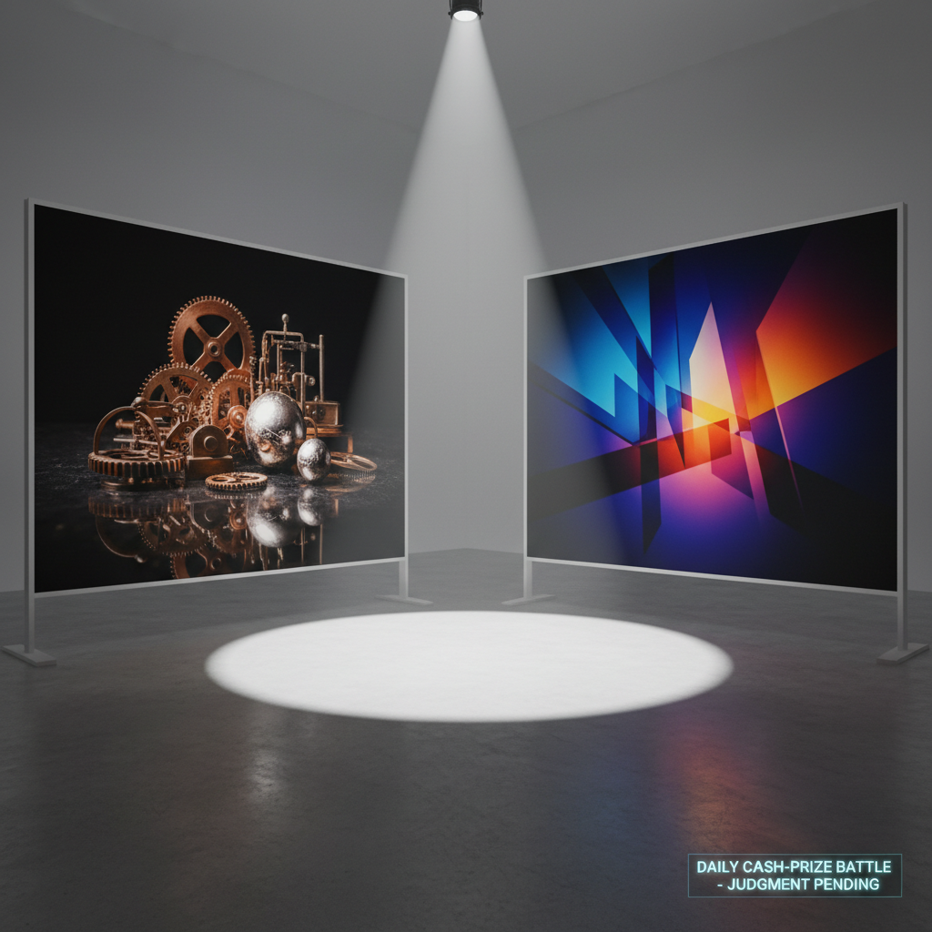 Two large, high-end photography prints mounted on freestanding panels facing each other in a minimalist studio space, symbolizing a head-to-head Face-Off Battle. One print features an intricately lit still life with metallic objects and rich shadows; the other, a vibrant abstract composition with bold color gradients and crisp shapes. A single overhead spotlight creates a bright, competitive arena feel, casting elongated, dramatic shadows on the polished concrete floor. Shot from a low, slightly off-center angle to heighten tension and contrast between the images. The mood is intense yet refined, emphasizing skill, decision, and daily cash-prize stakes within a clean, sophisticated photographic environment.