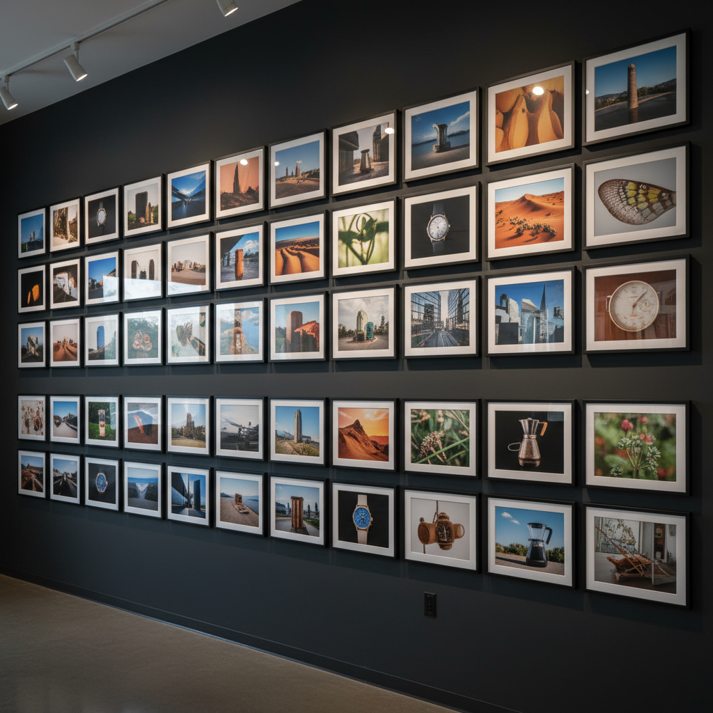 A dramatic wall-sized display of framed photographs arranged in a precise, customizable grid, each frame showcasing a different competition-worthy still image: vivid landscapes, abstract architecture, artistic macro shots, and refined product photos. The wall is a smooth, dark charcoal, making the prints glow with color and detail. Subtle gallery track lighting casts controlled, directional beams, creating crisp highlights on glass and understated shadows below each frame. Captured from a slightly angled perspective to emphasize depth and the perfection of the layout. The mood is sophisticated and curatorial, evoking a high-end gallery that mirrors the grid-based layout customization of a photography contest platform, in clean, photographic realism.